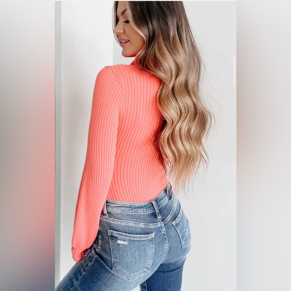Coral Ribbed Long Sleeve Top